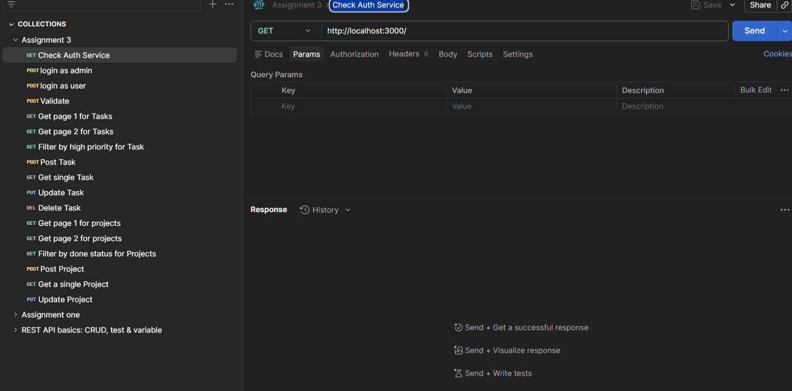 Postman request checking the Node.js authentication service connection